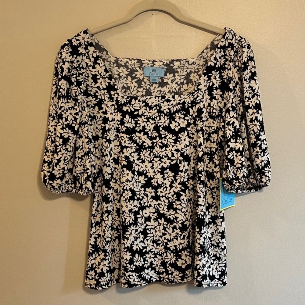 NWT CeCe puff sleeve square neck black and white floral blouse M